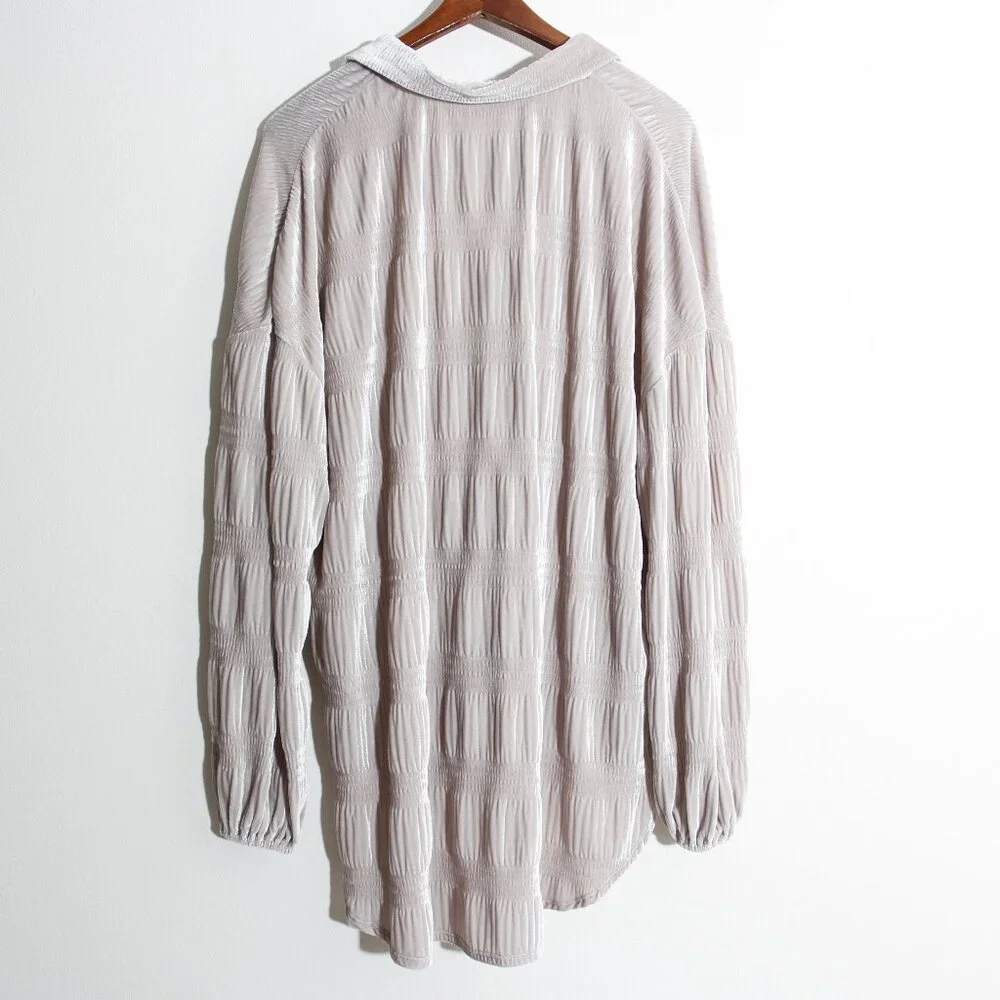 Free People My Best Top Winter Fog Grey Velvet Button Down Tunic Size Medium
